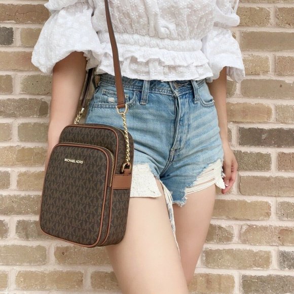 Michael Kors Flight Bag Jet Set Chain North South Crossbody Brown MK Signature - Picture 2 of 4